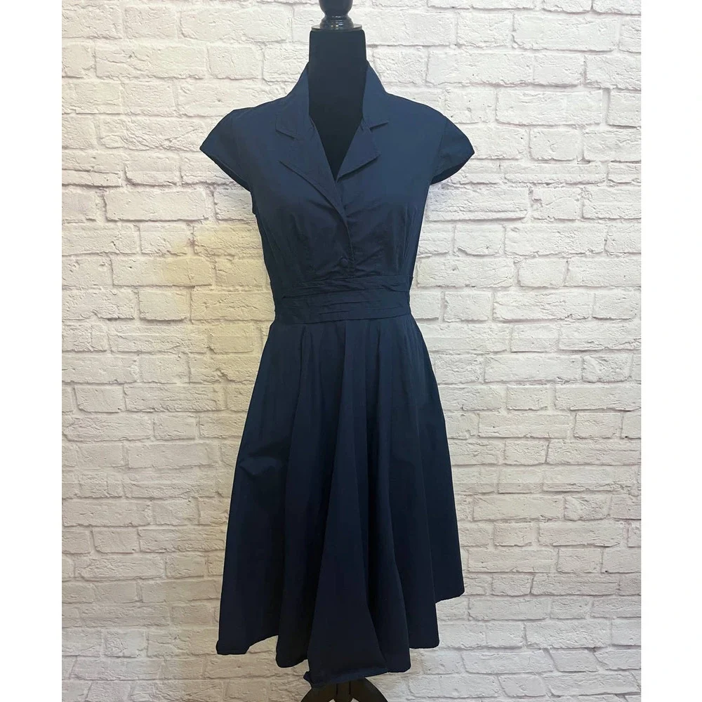 Eshakti Navy, Short Sleeve Custom Dress Size S. Fit & Flare Styling. - Picture 1 of 9